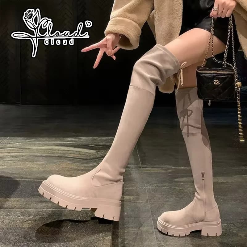 2024 New Autumn Winter Thick Soled Over Knee Elastic Thigh High Boots Women Thick Heel Suede Skinny Small Strap Shoes Female