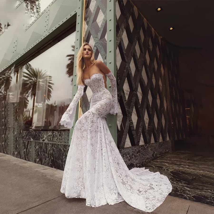 Customized Sweetheart 3/4 Flare Sleeves Mermaid Lace Weddding Dresses Backless See Through  And Zipper Bridal Gowns