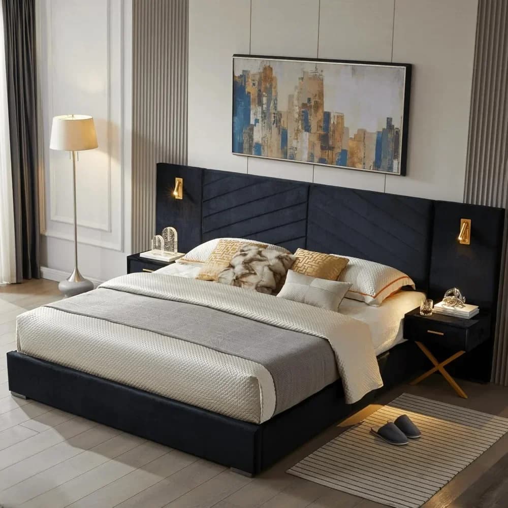 Luxury Bed Frame with Built-in Gold LED Lights and Nightstands,Platform Bed with Oversize Upholstered Headboard,No BoxSpringNeed