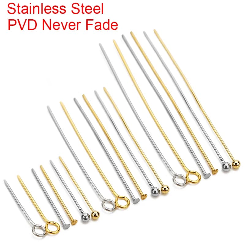 30 100 pcs Never Fade PVD Stainless Steel Flat Head Needles Pins Bulk 20mm 30mm 40mm Circular Eye Headpins For Jewelry Making