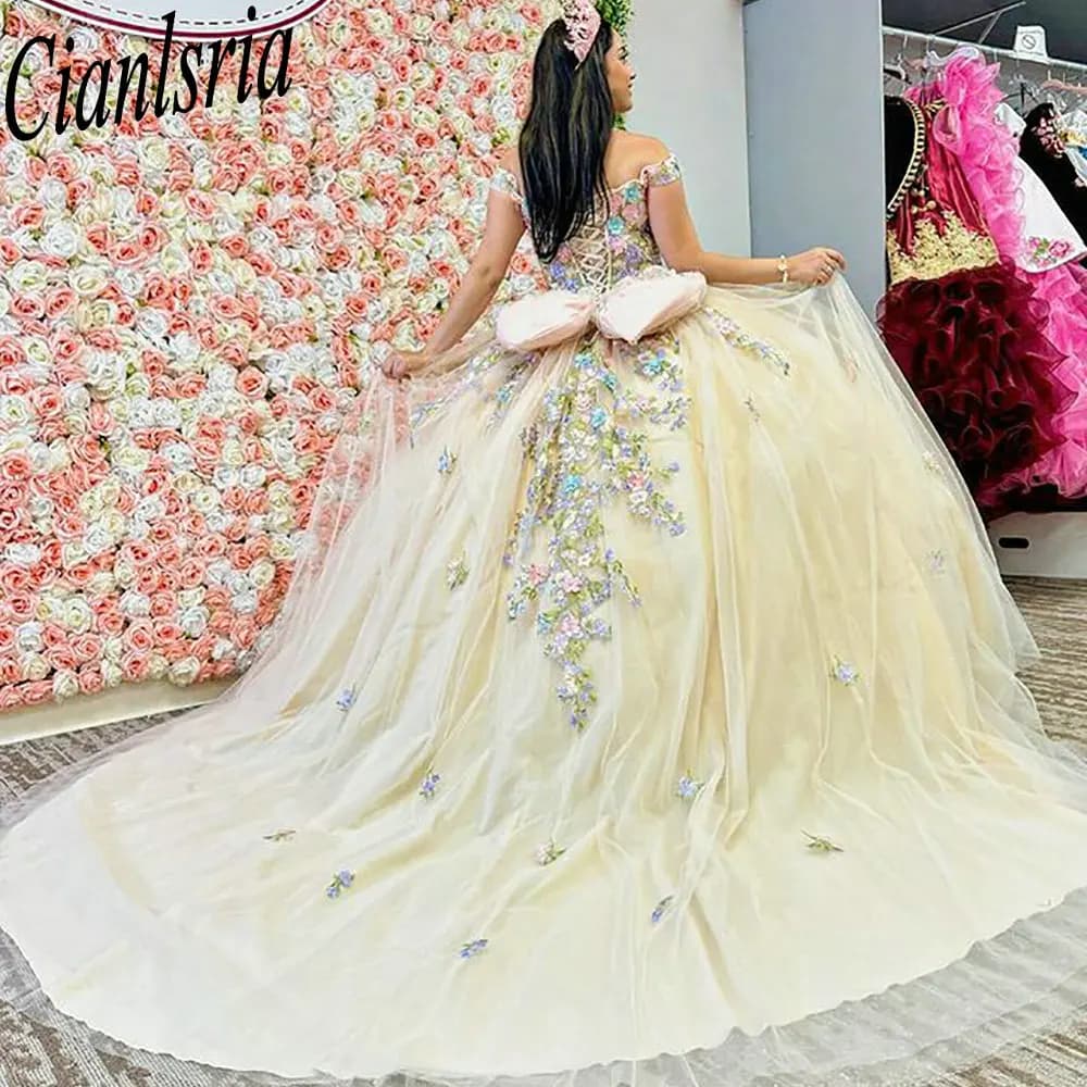 Gold Off The Shoulder Quinceanera Dresses Ball Gown 3D Floral Lace Corset Vestidos De XV Anos