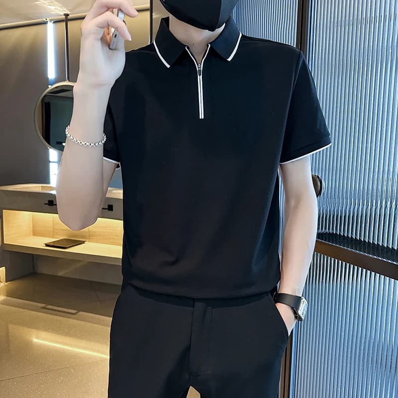 Fashion Casual POLO Shirts Mne's Summer Short Sleeve Slim Lapel Zipper T-shirts Tee Tops Business Social Streetwear Men Clothing