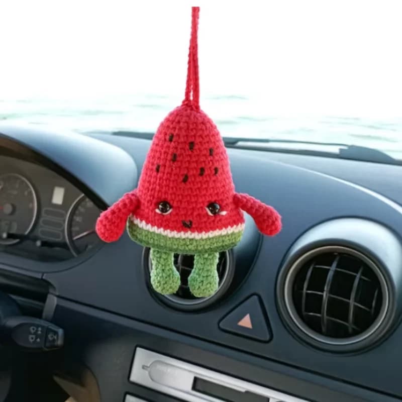 Cute Watermelon Car Key Chains Handmade Soft Pendant for Car Decoration Car Decor Red and Green Ornament, Kids Toy Accessories