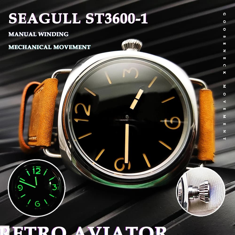 45 mm herenhorloge replica vintage vlieger handmatig mechanisch ST3600-1 kaliber Californië lichtgevende wijzerplaat