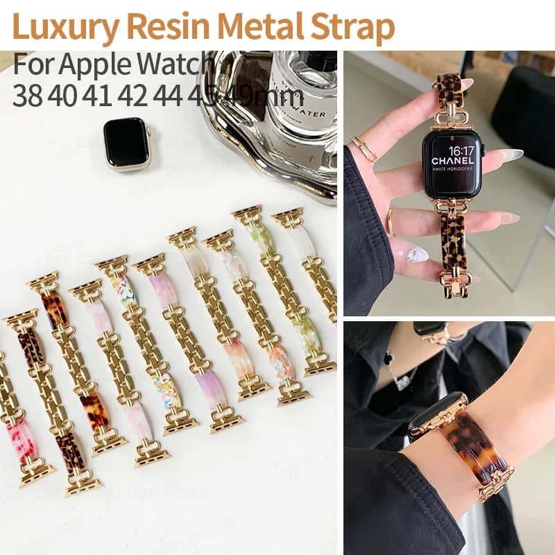 Resin Metal Strap for Apple Watch Band 40mm 44mm 45 38 41 Colorful Bracelet for iWatch Series 7 8 SE 6 5 3 42mm 49mm Accessories