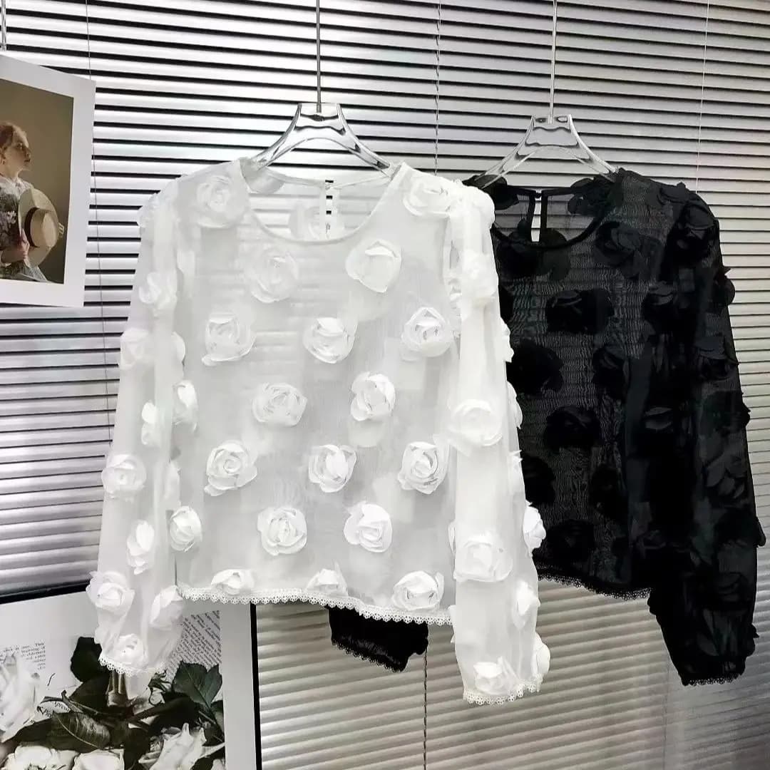 3D Flowers Stitch Sexy Blouses Shirts For Women 2024 Spring Summer New Long Sleeve Shirts Fashion Causal Tops Camisas De Mujer