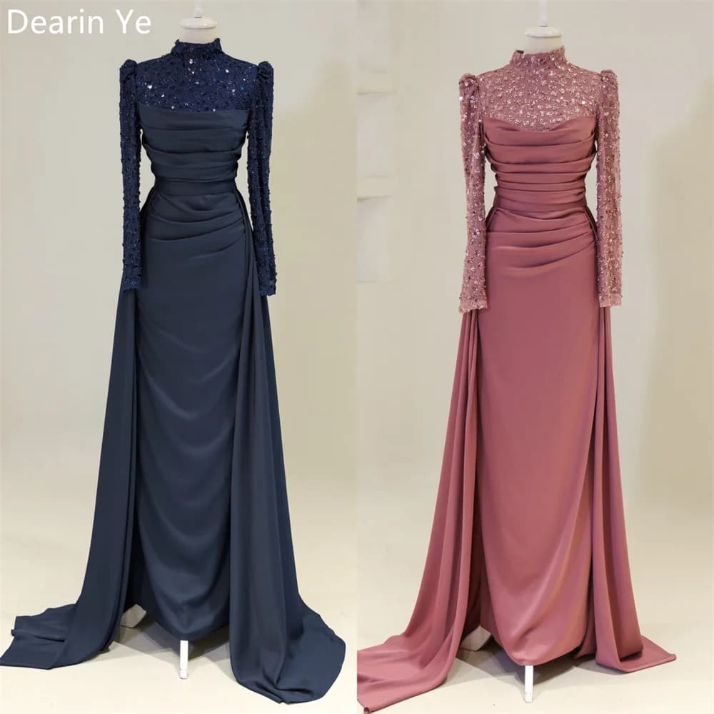 Customized Saudi Arabia Evening Dress Dearin High Collar A-line Floor Length Skirts Draped Sequin Bespoke Occasion Dresses Forma