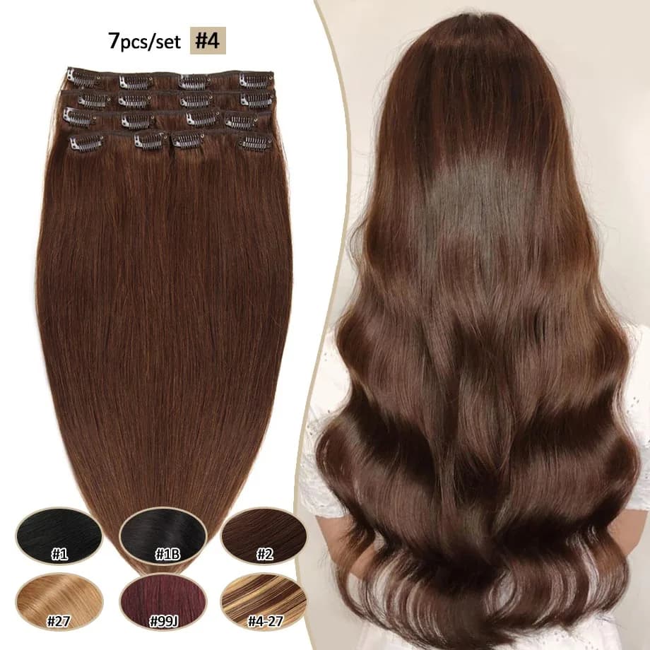 Hair Extensions Clip in Human Hair Chocolate Brown Full Head Straight Clip in Hair Extensions Invisible Seamless Hair Extensions