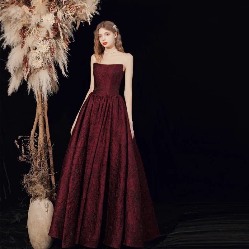 Customized Strapless Lace Backless Evening Sexy Floor Length Burgundy Long Corset Pleats Formal Prom Dresses