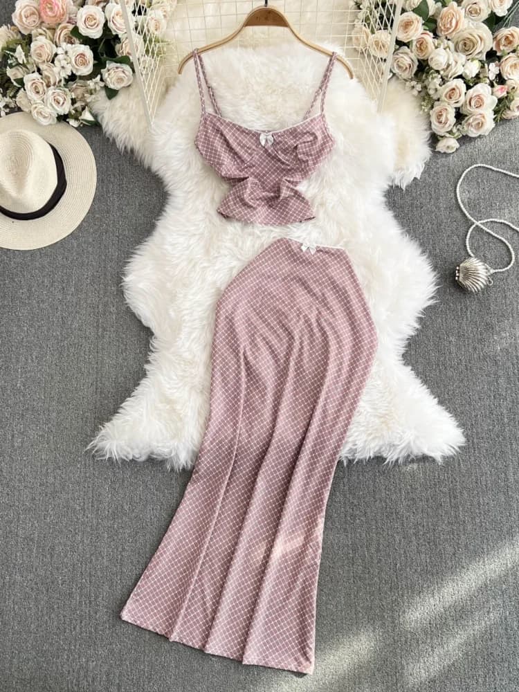 Foamlina 2024 Summer Fashion Women 2 Pieces Set Plaid Print Sleeveless Crop Camis Top and Elastic Waist Long Mermaid Skirt Suits