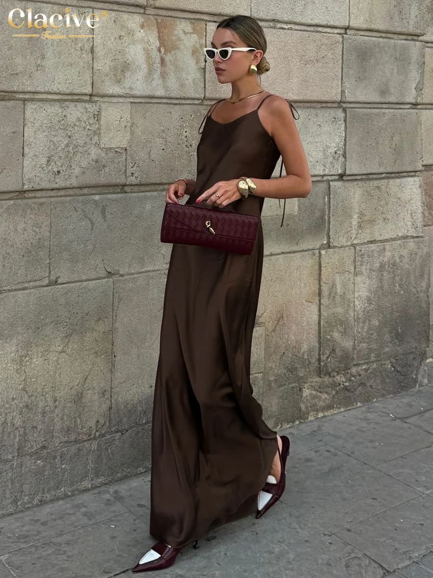 Clacive Fashion Loose Brown Satin Womens Dresses 2025 Summer Strap Sleeveless Floor Length Dress Sexy Backless Female Dress