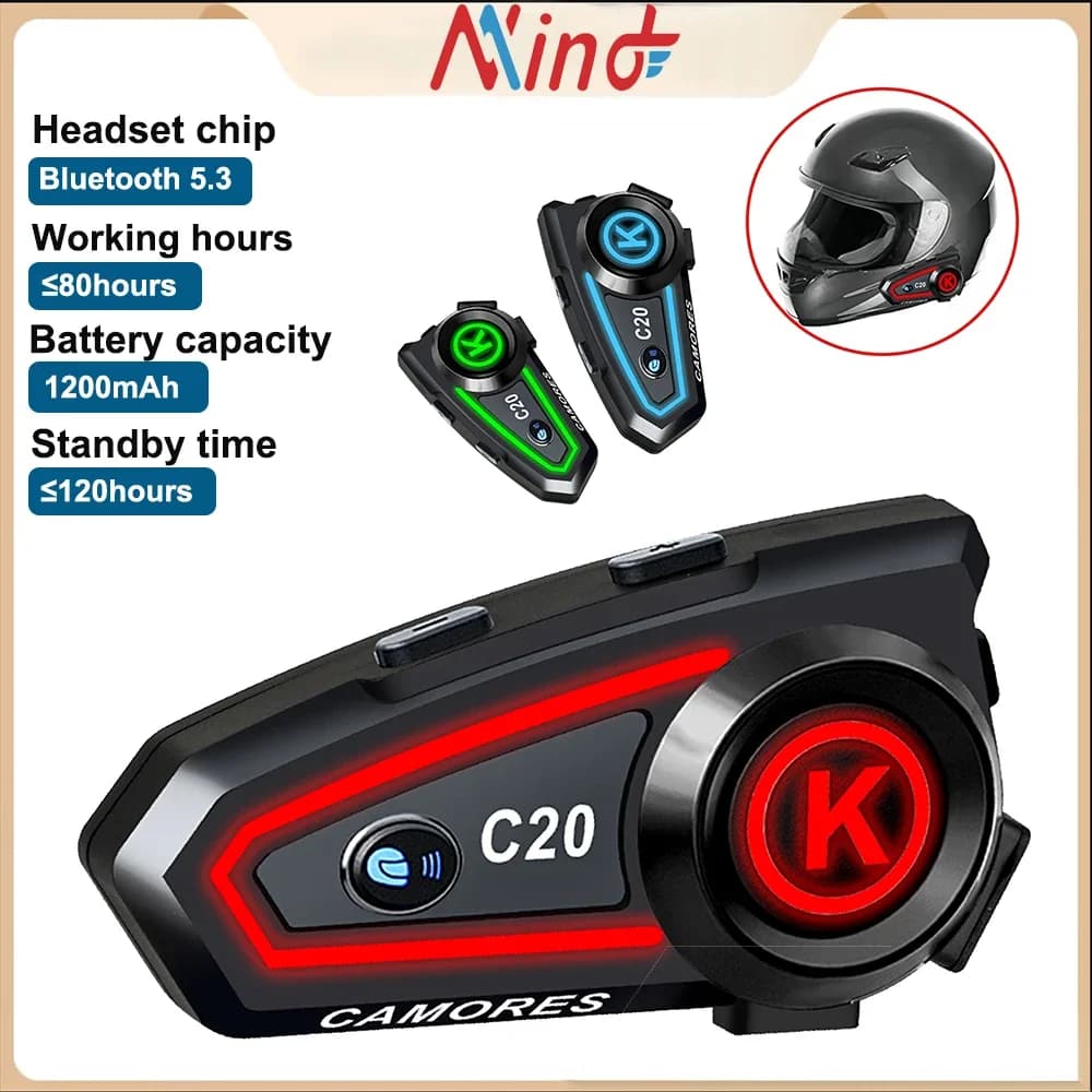 C20 Bluetooth Motorcycle Helmet Headset Stereo Hands Free Call Waterproof Roise Reduction Earphone with Tri-Color Ambient Light