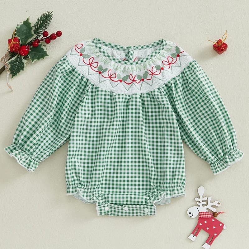 Newborn Baby Girl Smocked Christmas Outfit Plaid Bubble Romper Xmas Print Embroidery Bodysuit Infant Baby Rompers Clothes