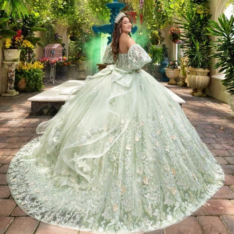 ANGELSBRIDEP Sage Green Quinceanera Dresses 3D Applique Flower Ball Gown Birthday Party Dress Corset Graduation Gown Customized