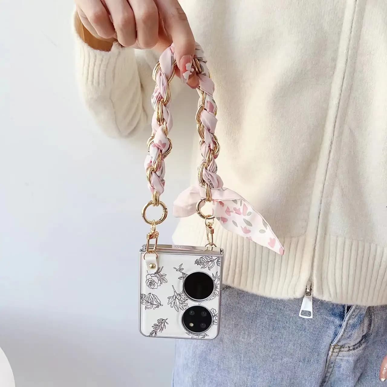 For Huawei P50 Pocket 2 Pockets Cover With Holder Flower Handheld Scarf Bracelet Wristband Chain Strap Case Soft Back All Cover