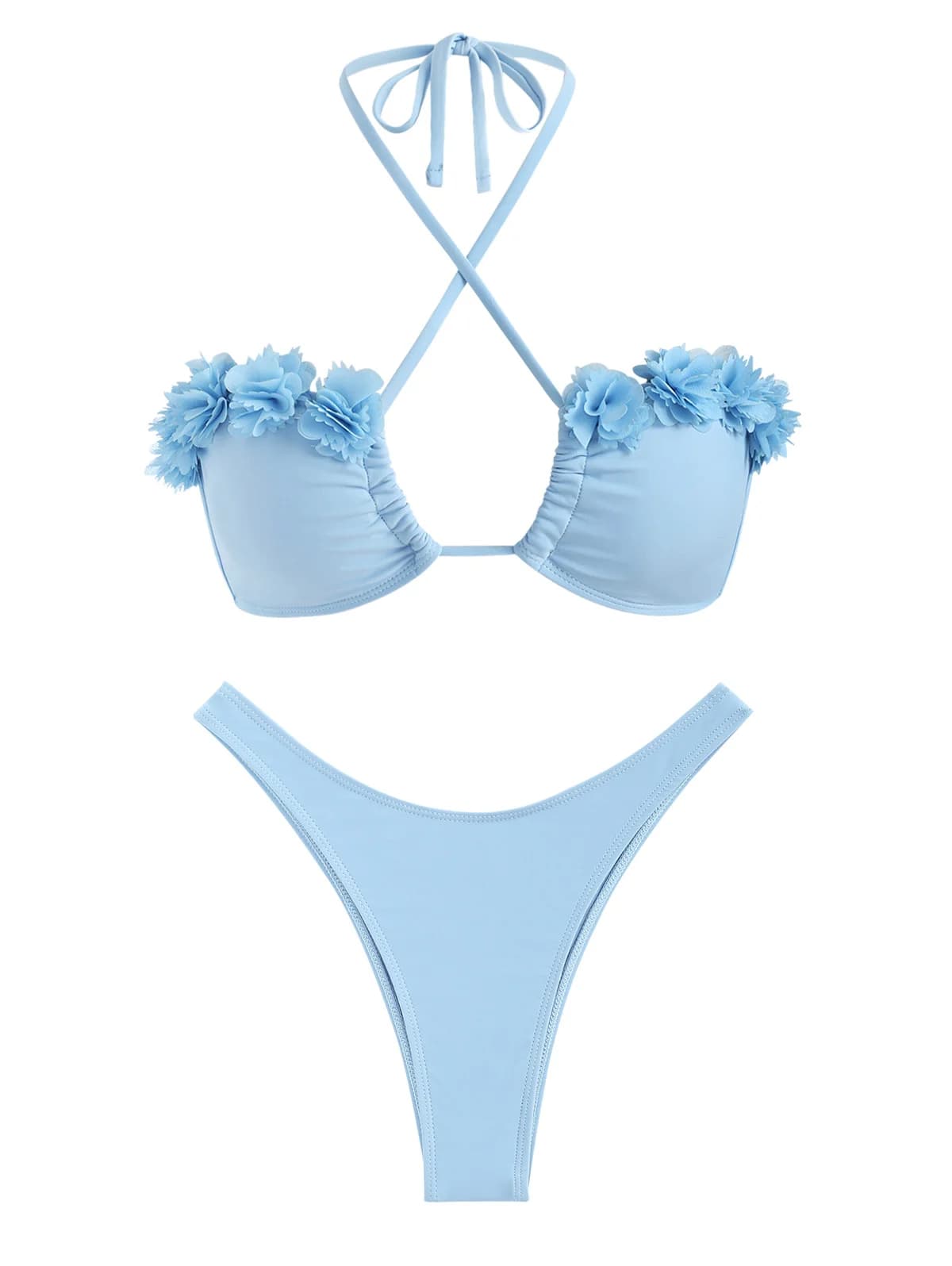ZAFUL Women's Criss Cross Halter Floral Appliques 3D Flower Rosettes Decor High Cut Cheeky Brazilian Two Piece Swimwear Bikini S