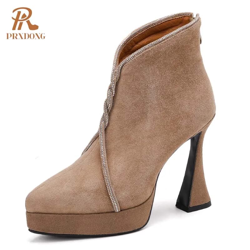 PRXDONG New Classics Genuine Leather Autumn Winter Warm Ankle Boots High Heels Platform Black Apricot Dress Party Lady Shoes 39