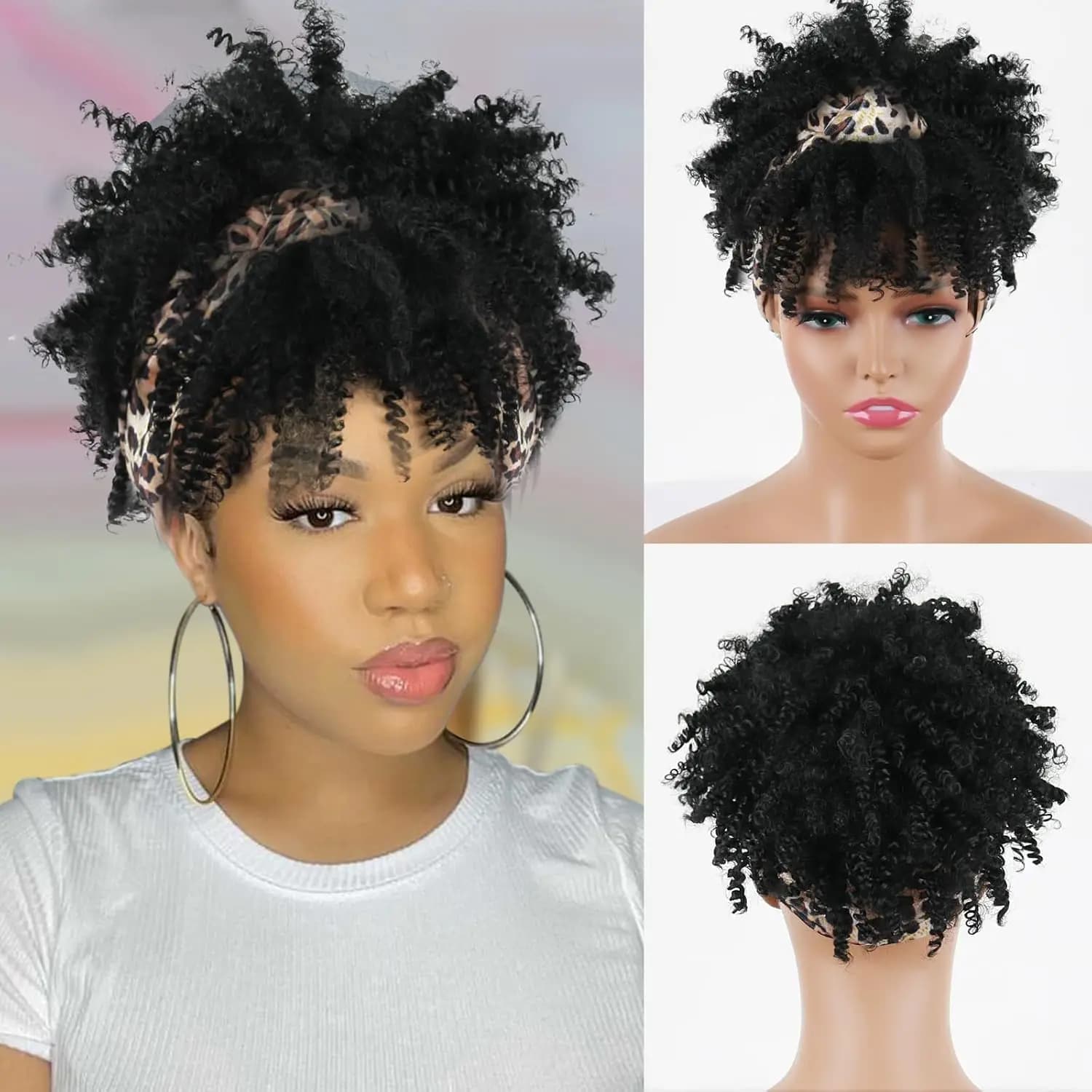 Black women's curly hair wig with headscarf and tassel, 2-in-1 wrapped wig, African short curly hair synthetic wig with headscar