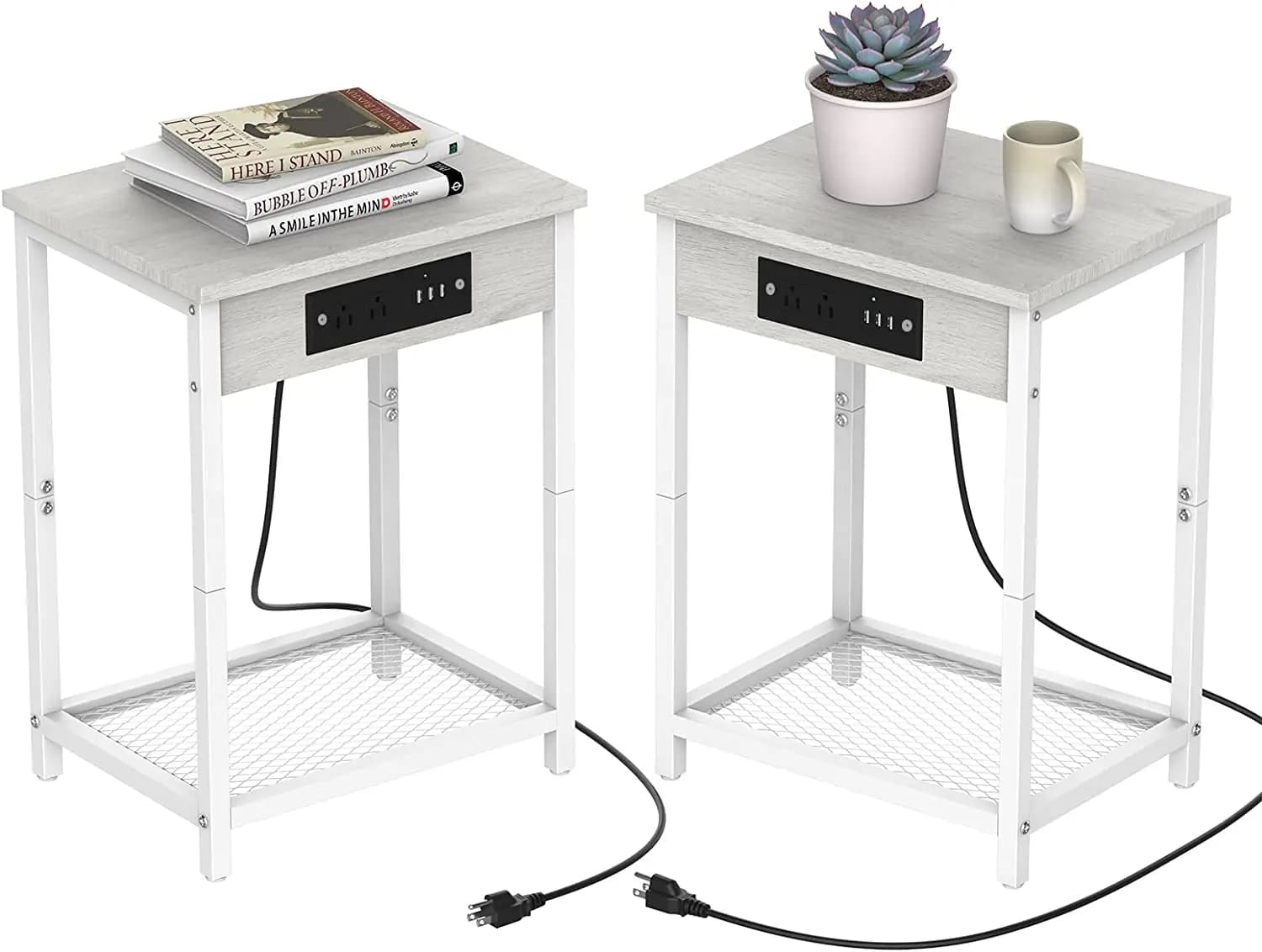 Nightstand Set of 2 Bedside with Charging Station Small End Table with USB Ports and AC Outlets for Bedroom