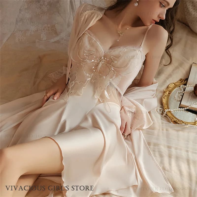 Pink Wedding Robe Dress Spring Summer New Women's Sleepwear Sexy Butterfly Lace Nightgown Intimate Lingerie Silk Satin Home Wear