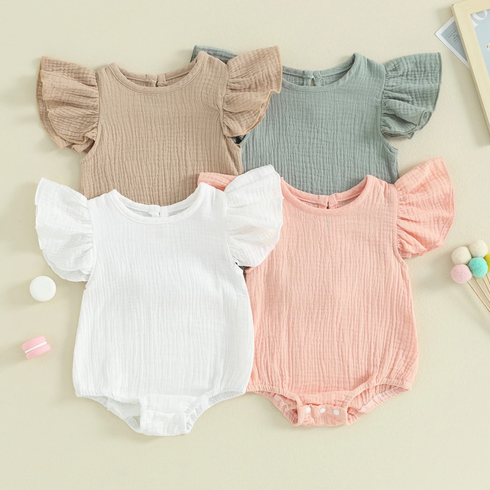 Baby Girls Casual Bubbles Rompers Solid Color Round Neck Fly Sleeve Infant Bodysuits Summer Baby Girls Clothes Sunsuits