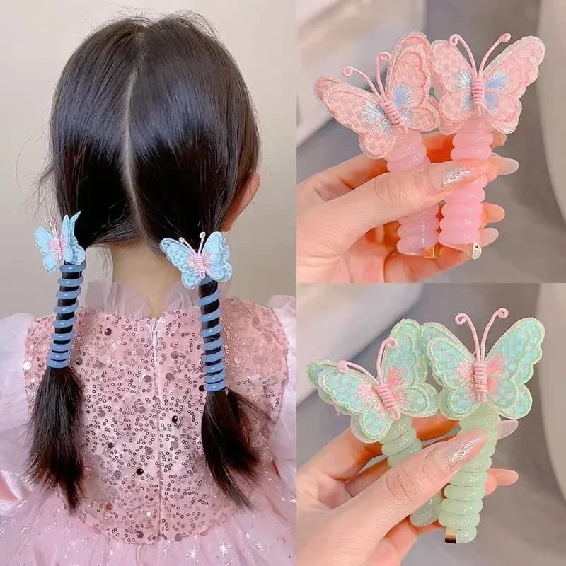 2PC Embroidered Butterfly Telephone Wire Line Hair Ties Girls Ponytail Holder Rubber Band Elastic Hair Band DIY Hair Accessories