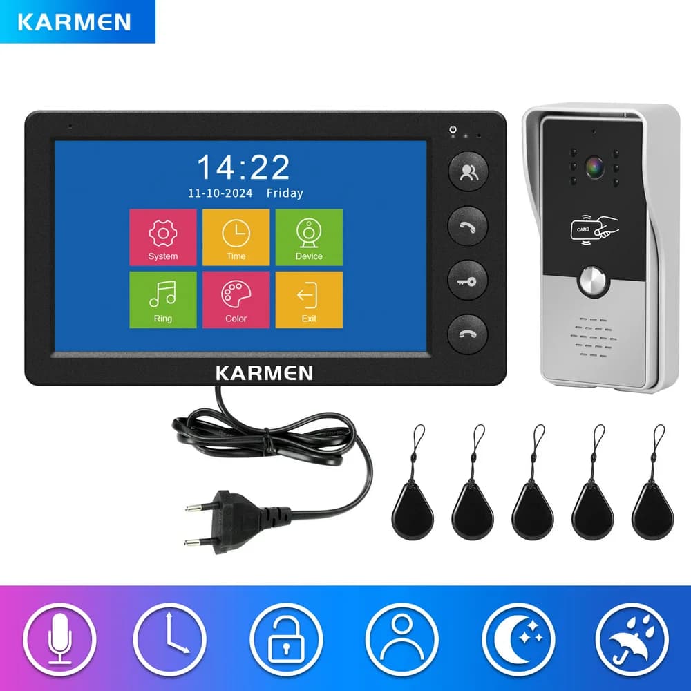KARMEN Wired Video Intercom System,Outdoor Door Phone Street Call Panel RFID Doorbell, Electronic Lock,Support AC 100V-240V