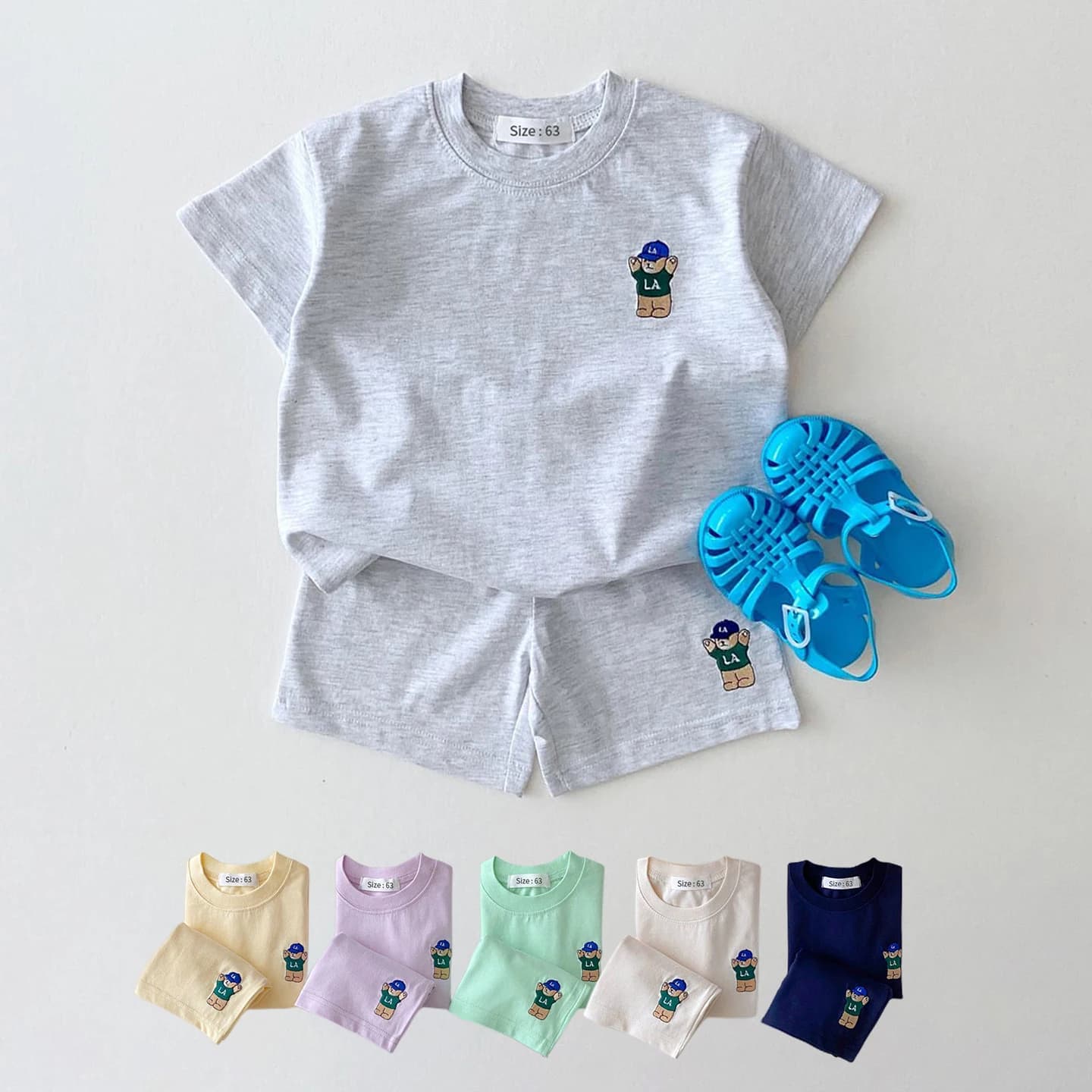2023 Summer Korea Baby Boys Suit Embroidered Bear Badge Tees T shirts+Loose Shorts Girls 2Pcs Casul Infant Sets Toddler Clothes