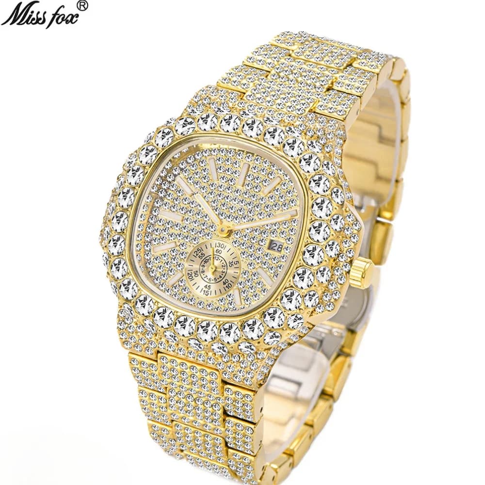 Hip Hop Brand MISSFOX Fashion Iced Out Watches Men Luxury Full Diamond 18K Gold Automatic Date Clock Steel Waterproof Watch Male