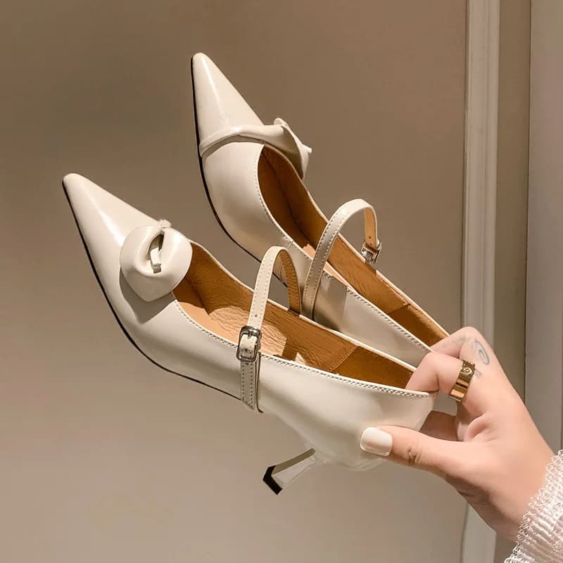 2024 New Super Feminine Two Wear Horseshoe Lily Mary Jane Cowhide Thin High Heel Pointed Genuine Leather Flower Single Shoes
