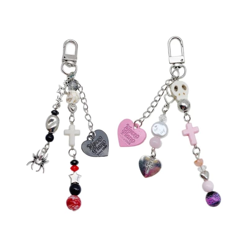 Skeleton Heart Pendant Keychain Mysterious Gothic Beaded Keyring Ornament Stylish Key Chain Bag Charm Ornament