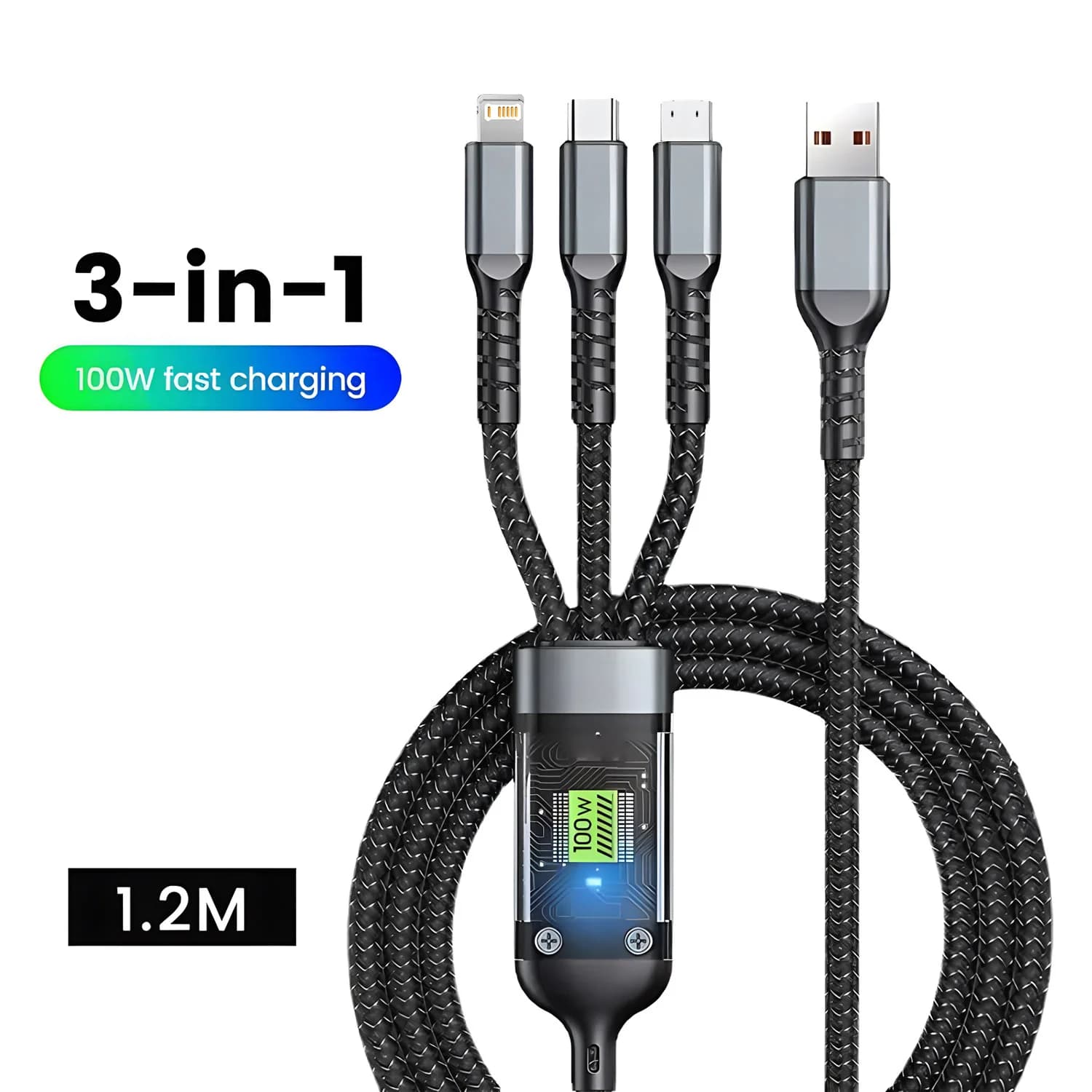 Transparent Luminous 3-in-1 Super Fast Charging Cable, 3 in 1 Charging Cable, Universal with Type-C Micro for iPhone15 14 13