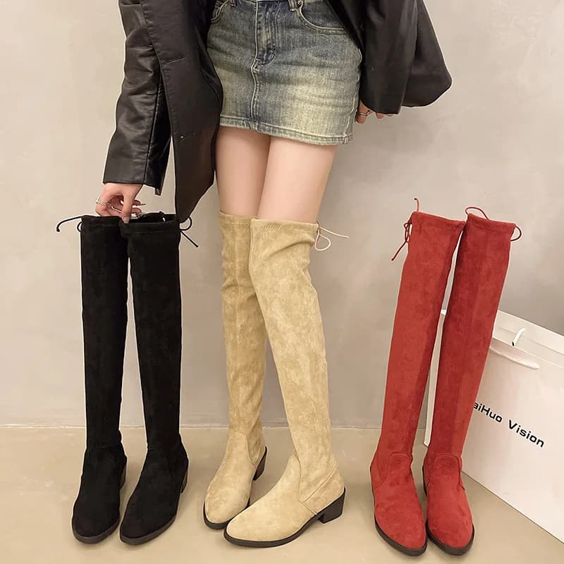 Korean Pointed Coarse Heel Over Knee Boots Fashion Versatile Rear Strap Women's Boots Black Elastic Long Tube Boots Womens Shoes