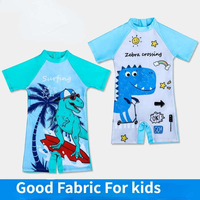 One Piece Swimsuit for Children, Baby Boys, Cartoon Dinosaurs, Short Sleeve, Sunscreen, Quick-drying Swim Cap, Swimwear Set