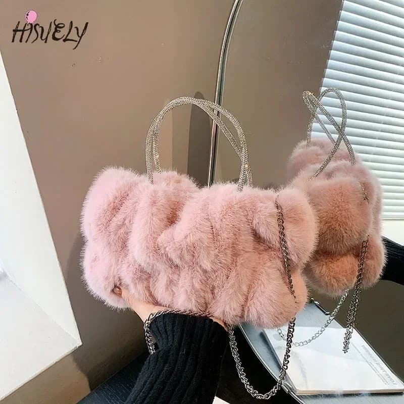 Cute Velvet Hasp Plush Top-Handle Bags 2024 New Winter Fluffy Women's Shoulder Bags Solid Color Chain Soft Crossbody Bag Handbag