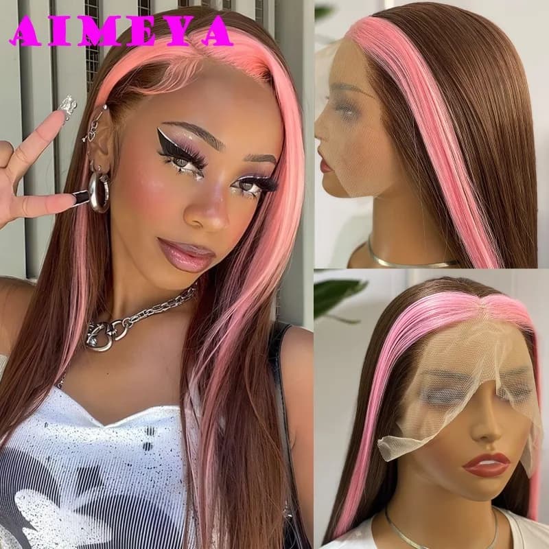 AIMEYA Pink Highlights Wig Brown Long Silky Straight Lace Front Wig Synthetic Lace Hair Natural Hairline Daily Use Cosplay Wigs