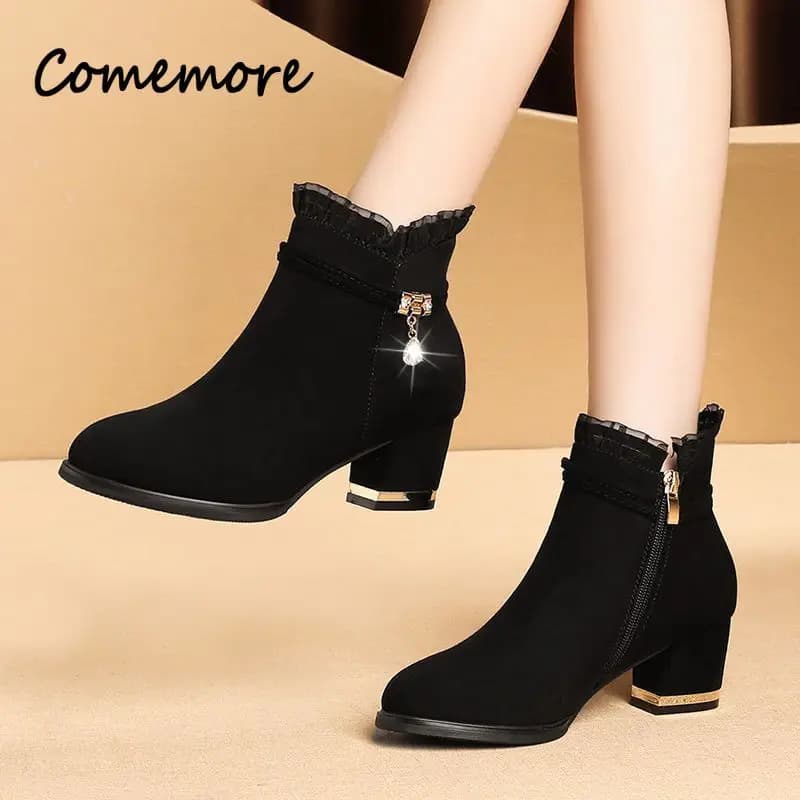 New Autumn Fashion Boots Women’s Fur Winter Warm Pointed Ankle Boots Sexy High Heel Rhinestone Decoration Zipper Women Boots