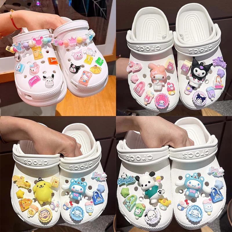 New Sanrio Kuromi Cinnamoroll Melody Pochacco Pompompurin LED Accessories Hole Slipper Buckles Set Cartoon Kawaii Gifts