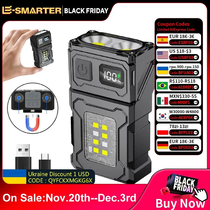 MINI USB Rechargeable LED Flashlight Portable Tail magnet flashlight Super Bright Camping Lantern Side COB emergency light