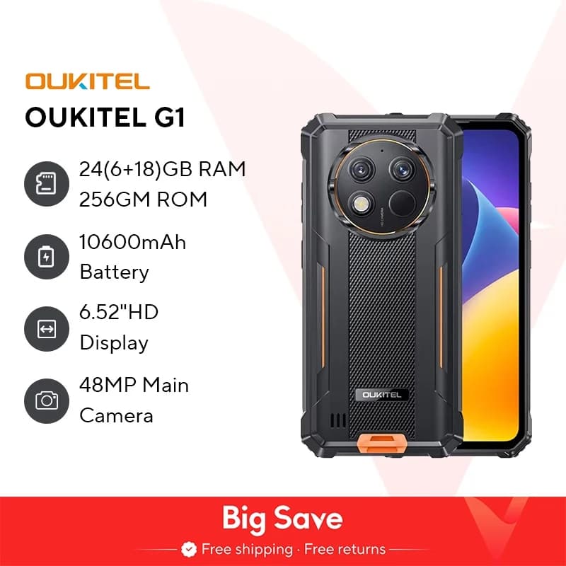 Oukitel G1 Rugged smartphone Android 6.52‘' 10600mAh 24GB+256GB rugged phone Android14 48MP HD+ Camera cell phone