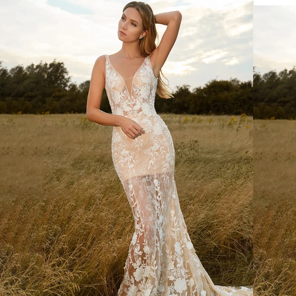 Luxury Appliques Lace Tulle Spaghetti Straps V-neck Wedding Dress for Women Mermaid Court Illusion Wedding Gown robe de mariée