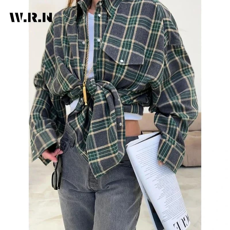 Fashion Baggy Plaid Women'S Blouse Elegant Lapel Long Sleeve Shirts And Blouses Vintage Pocket Lace-Up Top Female 2025