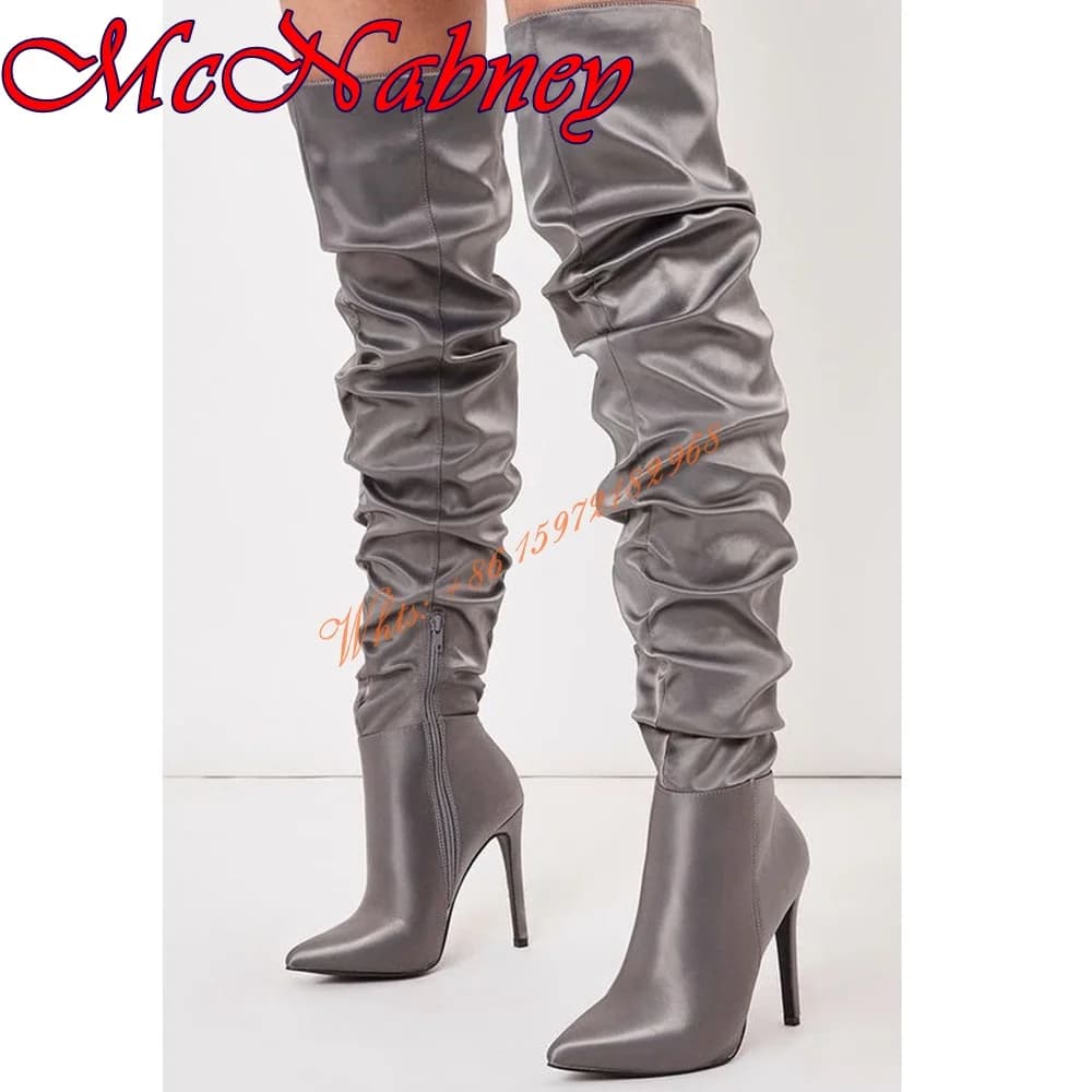 Pleated Solid Dark Grey Boots Pointed Toe Knee High Women Shoes Thin High Heel Side Zipper Fitted Autumn Winter Party Dress Boot