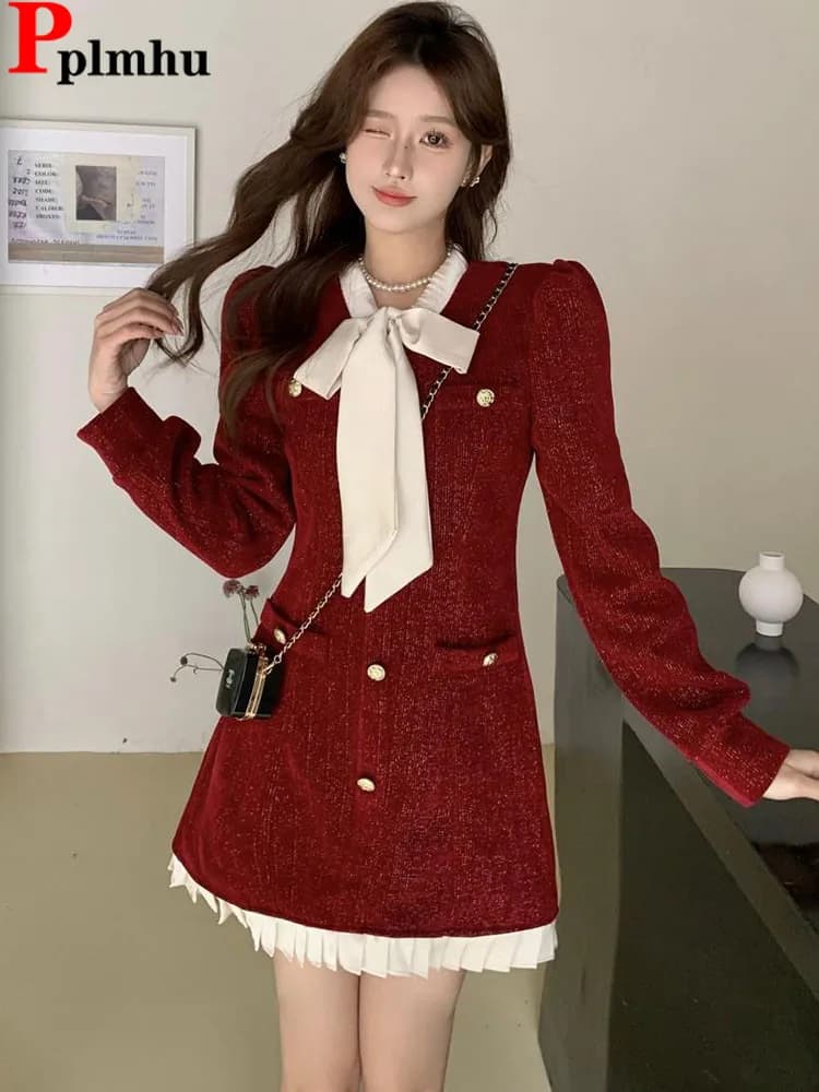 Elegant Slim Thick Bowknot Vestidos Korean Design Single Breasted Short Dress Fall Winter Casual Long Sleeve A-lined Dresses New