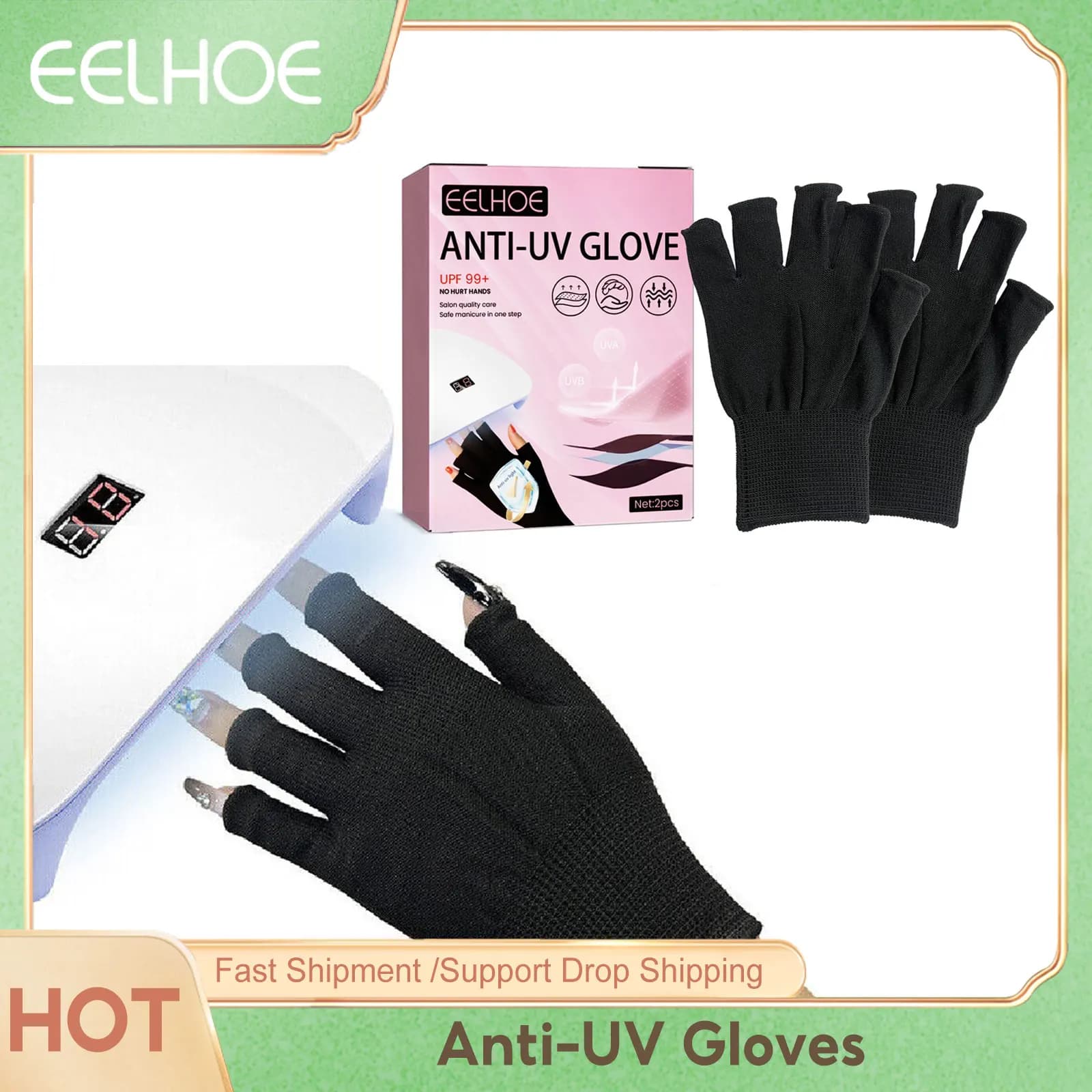 EELHOE Anti LED Lamp Uv Rays Gloves Hand Shield for LED Nail Art Gel Dryer Radiation Protection Black Fingerless Manicure Gloves