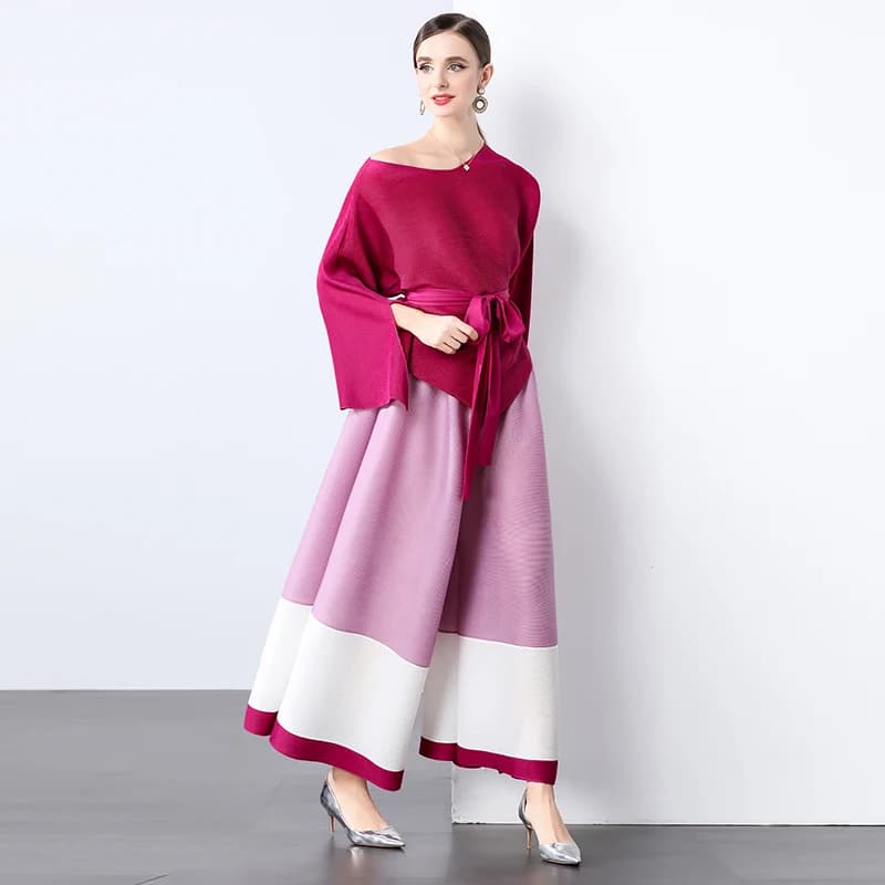 Autumn Miyake Pink Print Pleated Pants Suit Women's Lapel Single Breasted Batwing Sleeve Loose Shirt Tops + New Trousers Sets
