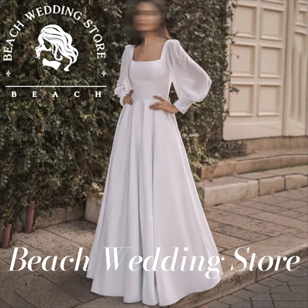 Beach Customized Square Collar Satin Wedding Dresses Long Chiffon Sleeve Beach Bride Dress Floor Length Custom Backless Vestido