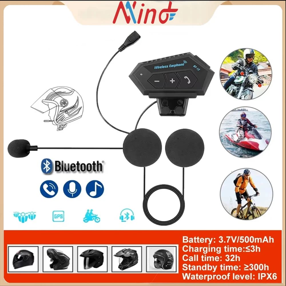 BT12 Motorcycle Helmet Headset Stereo Bluetooth Earphone Wireless Handsfree Mic Headphones Music Player for Motorbike Rider