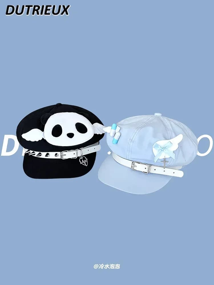 Y2k Niche Subculture Beret Children Personality Blue Wings Octagonal Cap Rivet Panda Newsboy Hat Summer Autumn New Japanese Hats