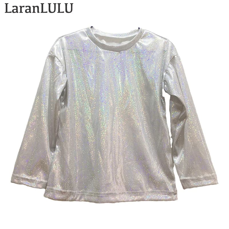 Adult Kids Clothing Hip Hop Jazz Dance Costumes for Kids Halloween Metallic Shiny T-shirt Sparkly Dance Tops Street Long sleeve